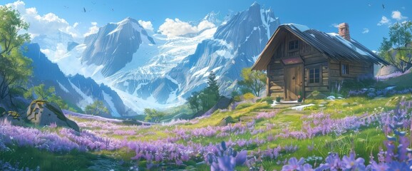 A Wooden House In The Middle Of An Alpine Meadow With Purple Flowers, Behind It You Can See Snowcapped Mountains On A Sunny Day, In The Style Of Anime