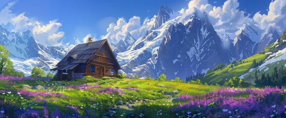 A Wooden House Stands In The Center Of An Alpine Meadow, Surrounded By Purple Flowers And Green Grass