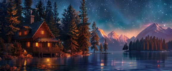 A Wooden House On The Edge Of An Island Surrounded By Pine Trees, Overlooking A Lake Under A Starry Sky 