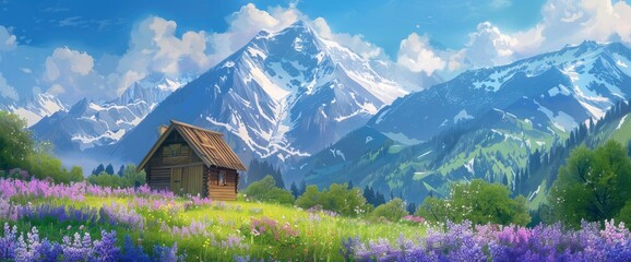 A Wooden House Stands In The Center Of An Alpine Meadow, Surrounded By Purple Flowers And Green Grass