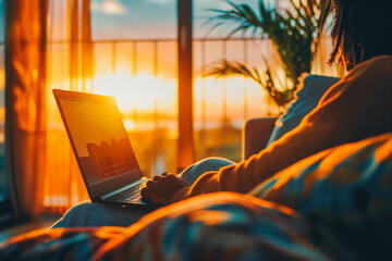 A Black person sits comfortably at home using a laptop for online banking, with the warm glow of the sunset filling the room.
