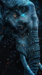 A close-up of an elephant's face with glowing blue and purple details.