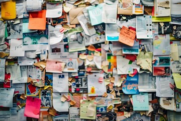 Closeup of a bulletin board filled with colorful papers, flyers, and announcements