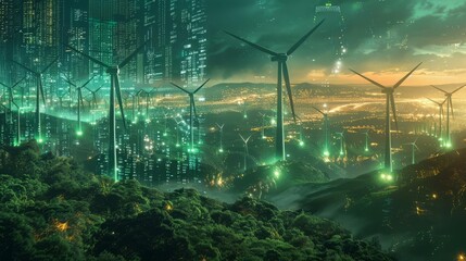 Obraz premium The image is a digital painting of a city in the future. There are many tall buildings and wind turbines. The city is lit up by neon lights. The sky is dark and there are clouds.