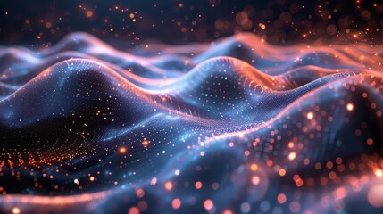 Blue and orange glowing particles form into a futuristic landscape.