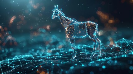 Blue glowing giraffe made of tiny dots and lines on dark background.
