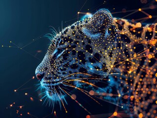 Blue and orange particles form a head of a panther.