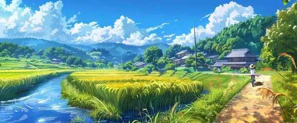 Anime Illustration, Beautiful Japanese Countryside Landscape With Rice Fields And River, A Girl Riding A Bicycle In The Distance Wearing A White Dress And Straw Hat, A Blue Sky With Clouds