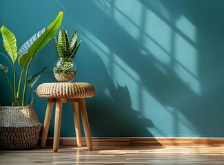 Colorful interior of living room with designed wooden stool, plants in elegant woven pots and terrarium on the dark turquoise wall background