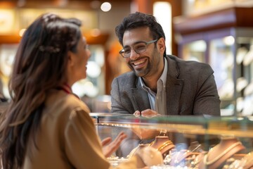 A sales associate Caucasian male and a customer Middle Eastern female are smiling and interacting while looking at jewelry in a store - Powered by Adobe