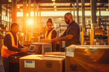 A diverse group of warehouse workers (Latina woman, Black man, Caucasian man) scan packages with a modern scanner as the sun sets through the large windows of the warehouse.