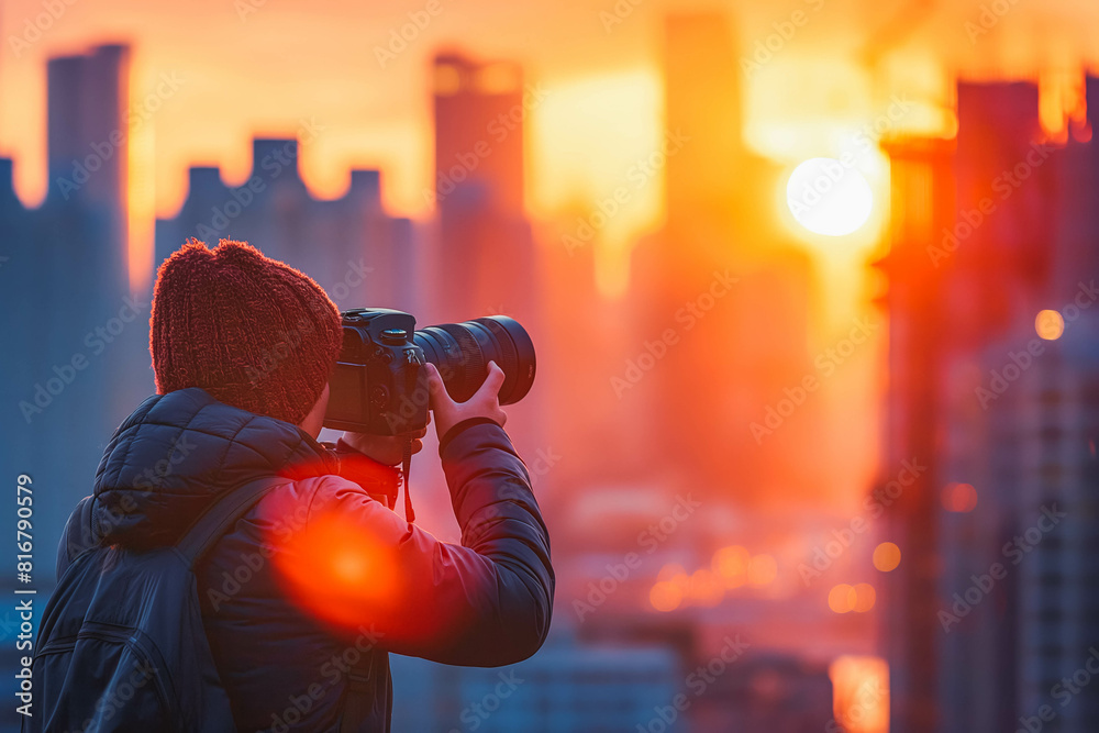 Wall mural A focused photographer capturing cityscapes at sunrise.