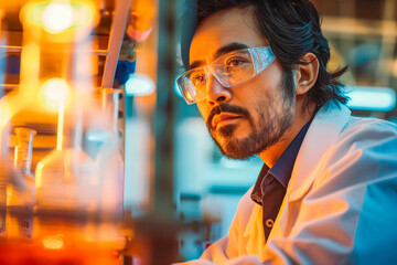 Obraz premium A focused Hispanic scientist, in his 40s, conducting experiments in a laboratory at sunset.
