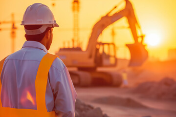 A focused Middle Eastern engineer, in his 50s, inspecting construction equipment at a building site at sunset.