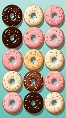 Obraz premium A variety of donuts with different toppings on a blue background.