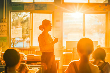 Fototapeta premium A focused teacher conducting a lesson in a classroom at sunrise.
