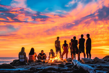 A group of diverse friends (Latina woman, South Asian man, Caucasian woman) gather around a campfire on a beach at sunset, silhouetted against the blazing sky.