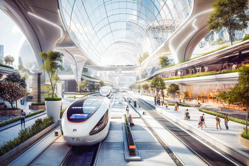 A high-tech transportation hub with electric vehicles and futuristic architecture: A futuristic,...