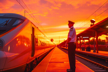 A Latina train conductor stands beside a sleek, modern train as the sun sets behind the station,...
