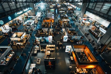 Overhead view of a crowded store at a trade show, bustling with people browsing various exhibitor booths