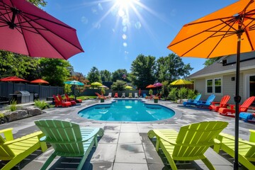 A vibrant backyard scene on a sunny day featuring a sparkling pool surrounded by lawn chairs and umbrellas