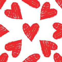 Crayon doodle hearts background. Grunge texture red heart seamless pattern. Modern romance print for textile, paper, packaging, design, vector graphics