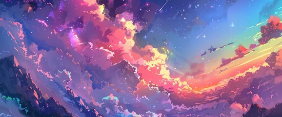 Beautiful Colorful Clouds In The Sky, In The Style Of Anime, Fantasy Landscape, Mountain Range Background, Vibrant Colors 