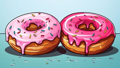 Two delicious donuts with pink icing and colorful sprinkles.