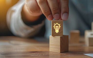 Man moves wooden cube with picture of glowing light bulb. Concept of idea emergence and selection