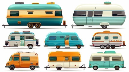 An illustration of retro vans on wheels with luggage on the cabin, a house on wheels for summer vacation travel and camping, a modern cartoon illustration of a modern style transport vehicle.