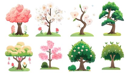 Charming Illustrated Trees and Flora in Vibrant Colors for Natural Scenes and Designs