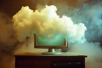 Artistic concept with clouds billowing out of a vintage television on a wooden stand