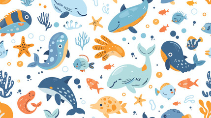 Seamless pattern with cute funny marine animals or un