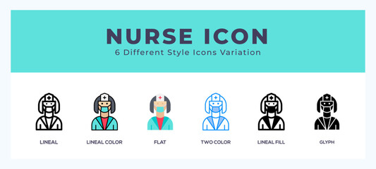 Nurse icon set with different styles. Vector illustration.