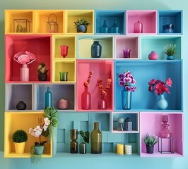 Colorful shelves with home decor items, including vases and orchids, arranged in an empty room