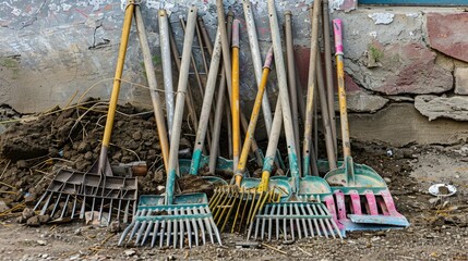 Freshly prepared rakes and square point shovels for cleaning up garbage