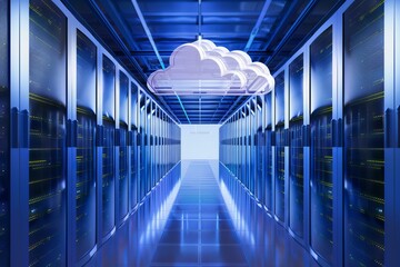Illustration of cloud symbol in a modern network data center aisle with servers