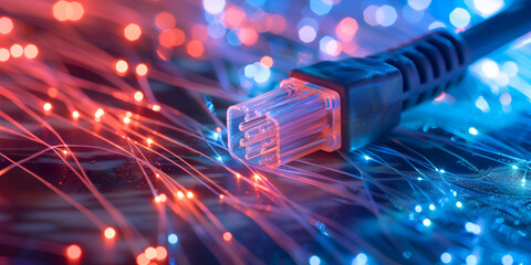 A close up shot of a network cable plugged with Glowing data cable transferring information with light on bokeh blue and red background.