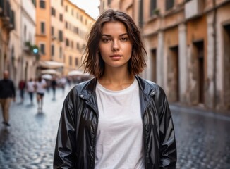 Fototapeta premium Portrait of a young girl with short hair on the street of the old town