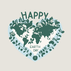 a heart shaped earth day card with a map of the world