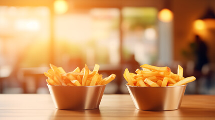 French fries on a blurred background in a restaurant