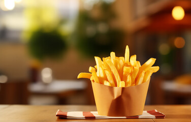 French fries on a blurred background in a restaurant
