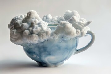 Artistic concept of a blue mug overflowing with fluffy white cotton resembling clouds against a soft background