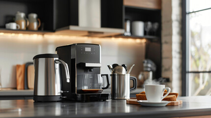 Electric kettle coffee machine and toaster on kitchen