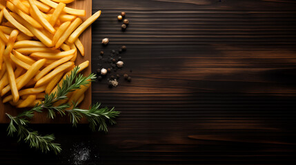 French fries with toppings on a wooden background