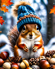 Cute little red squirrel wearing knit hat on a snowy winter day gathering his nuts in a pile. 