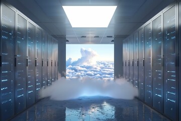 Modern data center with server racks overlooking a surreal cloudscape, blending technology and nature