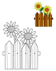 cartoon scene with farm ranch fence wooden sketch drawing with sunflowers isolated background with colorful preview illustration for children
