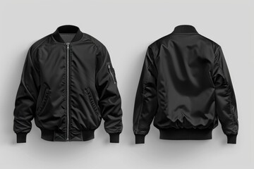 A stylish black bomber jacket on a clean white background. Perfect for fashion or clothing concepts