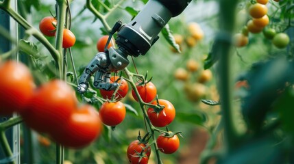 A robotic arm efficiently picks harvesting product, a type of vegetable, in a greenhouse to produce healthy and natural foods. AIG41